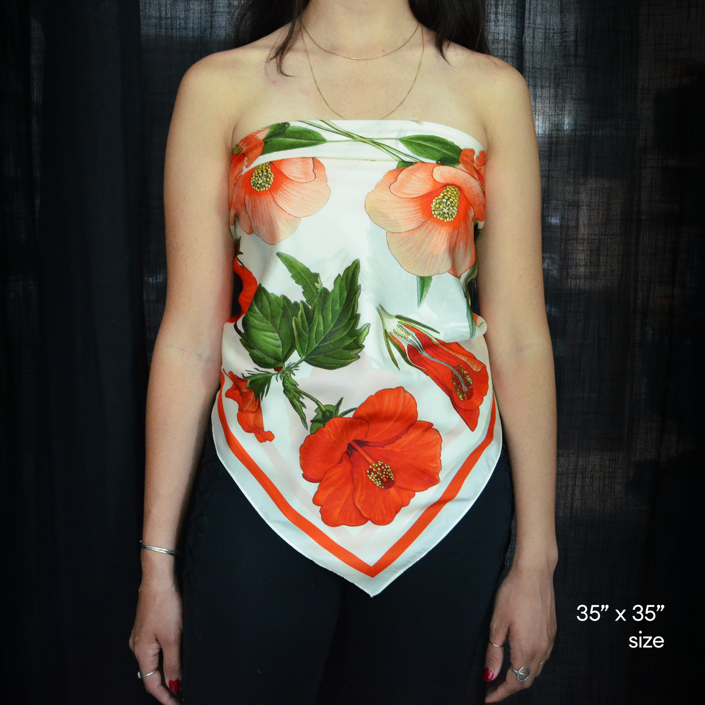 Curious Prints - 100% Silk Scarf Botanical Hibiscus Flower Summer Bandana: 35" x 35"