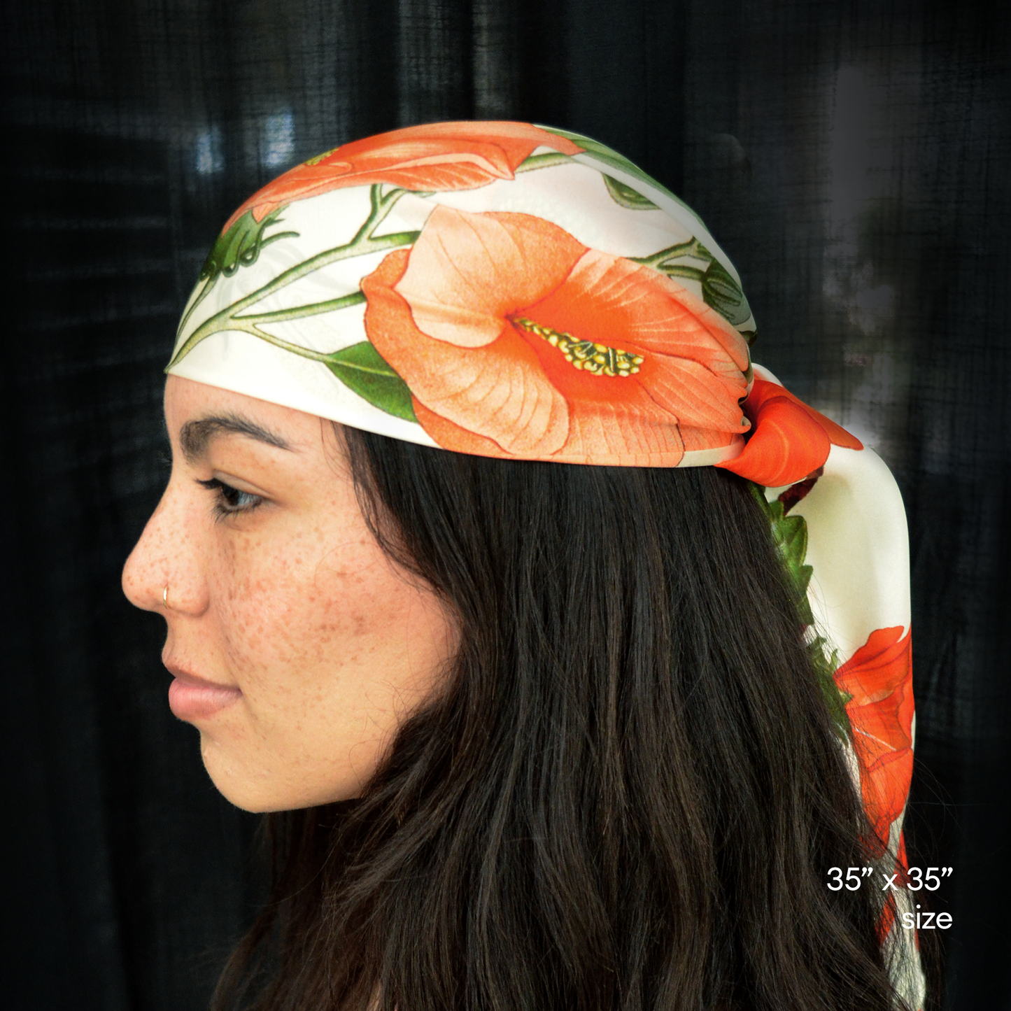 Curious Prints - 100% Silk Scarf Botanical Hibiscus Flower Summer Bandana: 17" x 17"