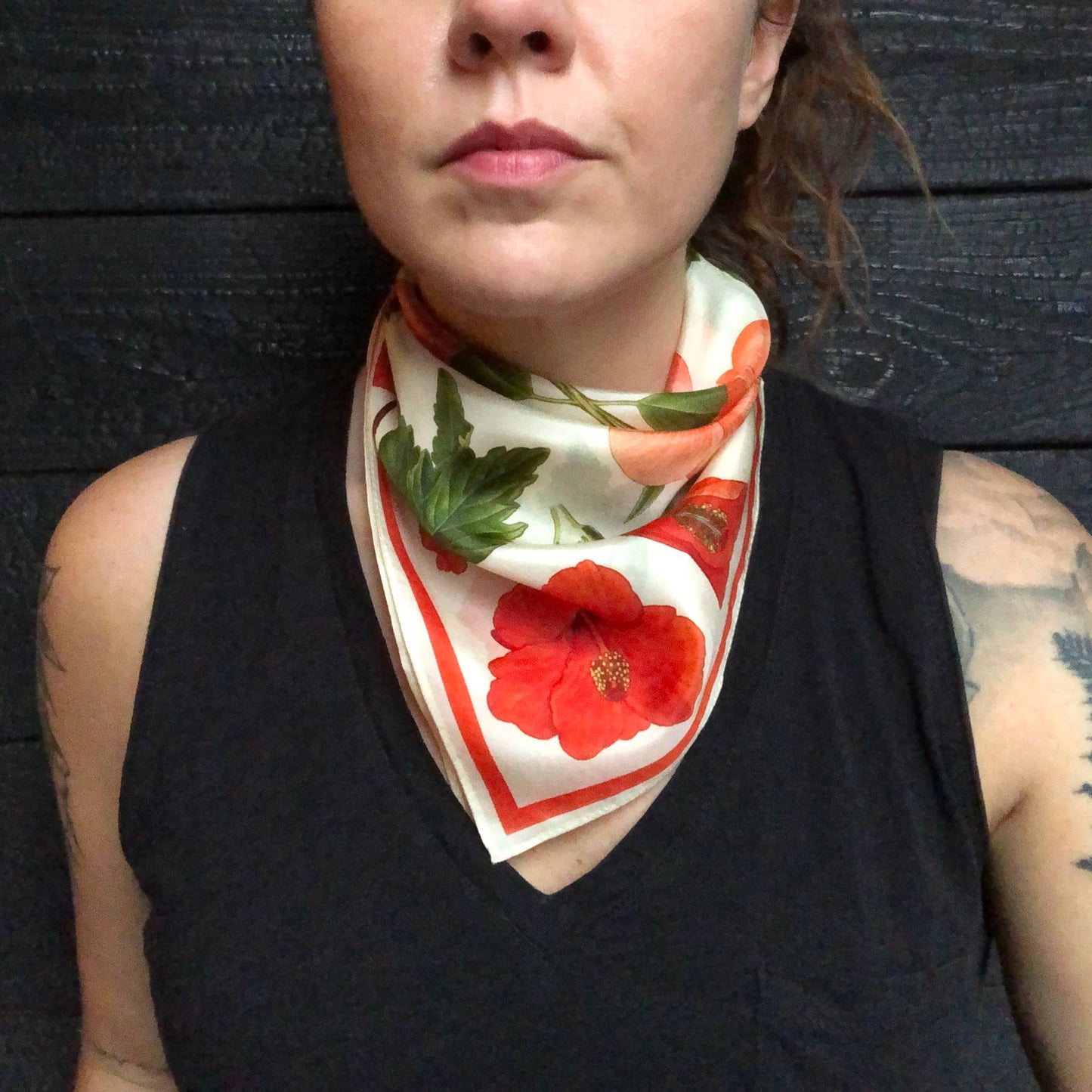 Curious Prints - 100% Silk Scarf Botanical Hibiscus Flower Summer Bandana: 35" x 35"