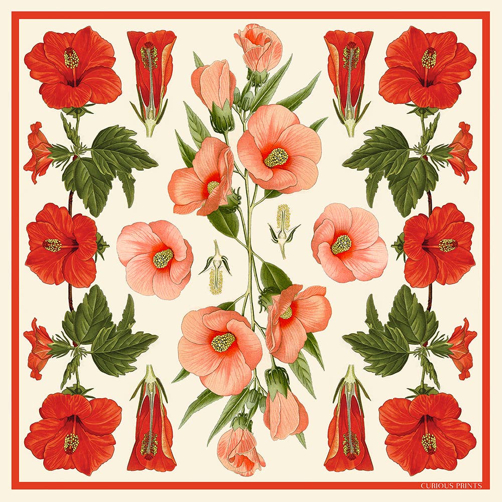 Curious Prints - 100% Silk Scarf Botanical Hibiscus Flower Summer Bandana: 35" x 35"