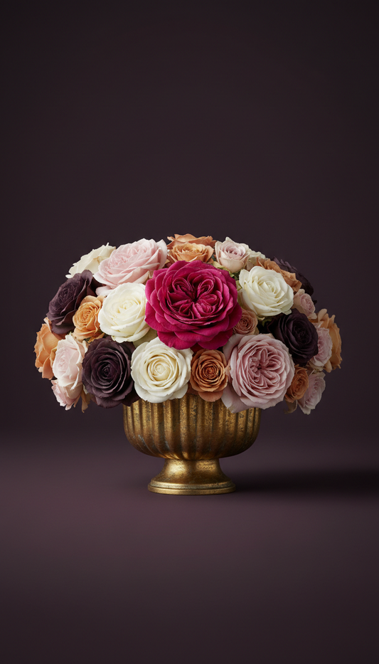 Garden Rose Centerpiece in Antique Gold Vessel