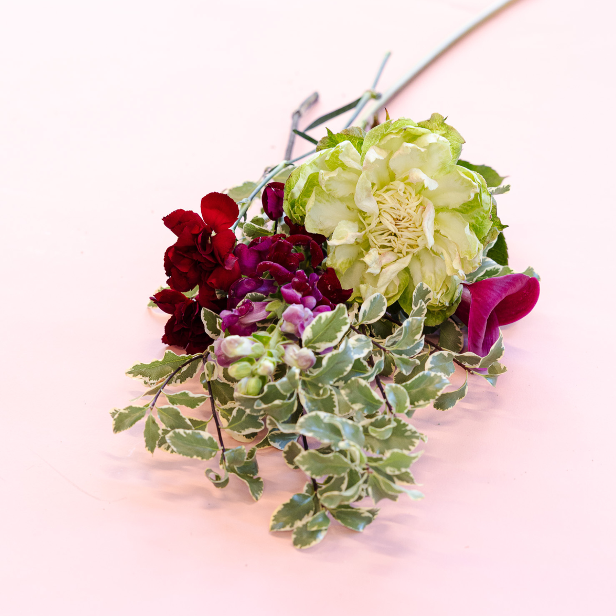 A small floral arrangement with a large pale yellow-green peony, deep red flowers, purple blossoms, and variegated green leaves on a light pink background.