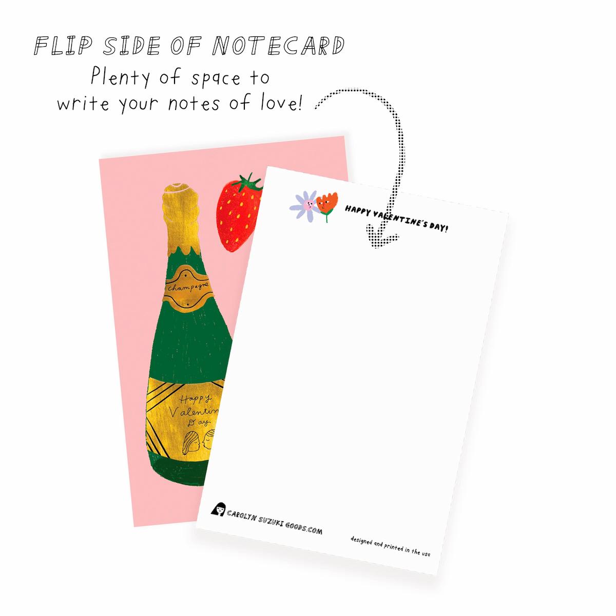 Notecard with champagne bottle illustration and space to write 'Happy Valentine's Day!'