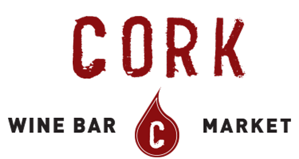 Logo of Cork Wine Bar Market with red text and a wine droplet symbol on a white background.