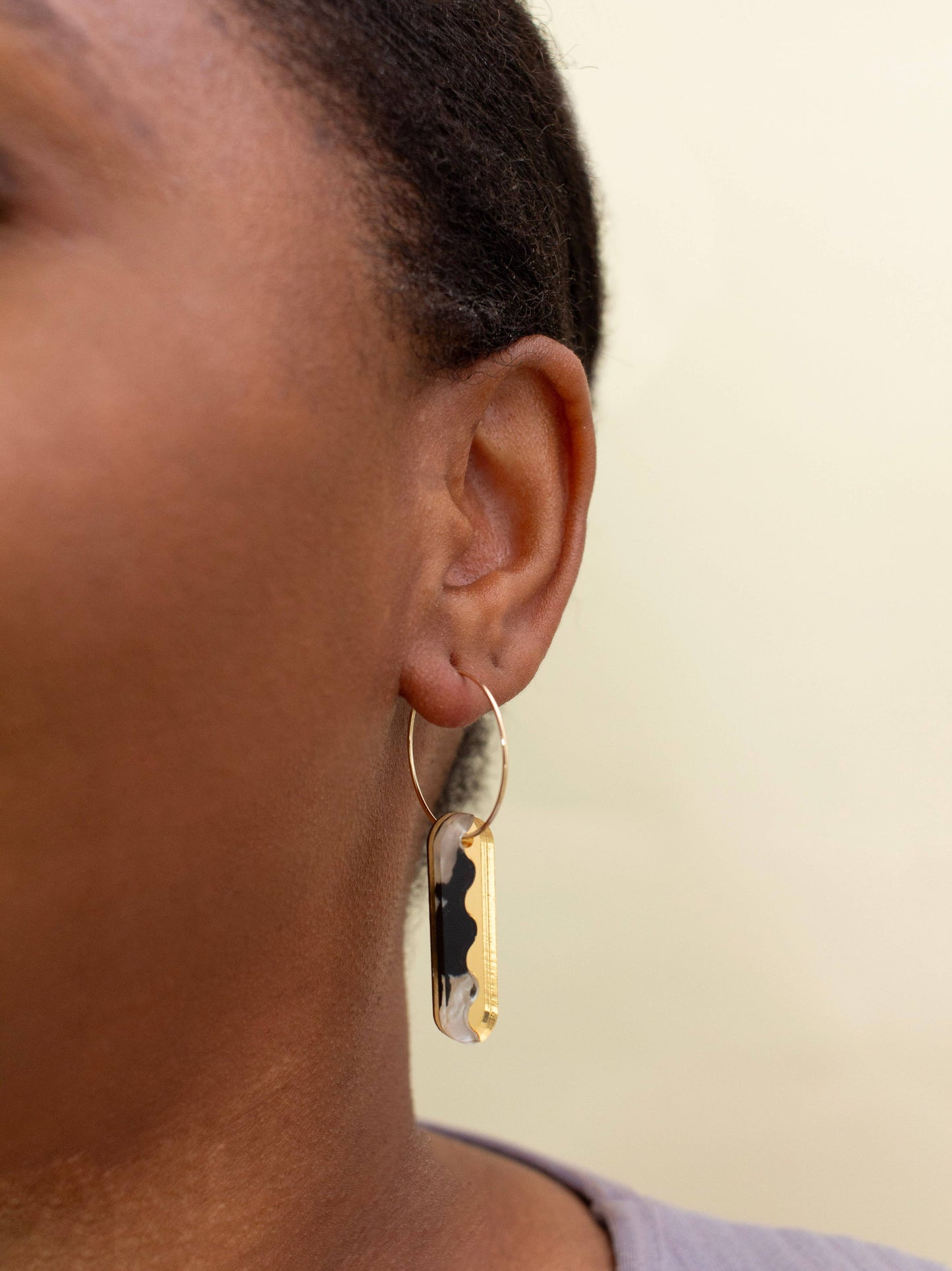 Moon-Seed - Suni Hoops- Black White Gold Fill Dangle Hoop Earrings