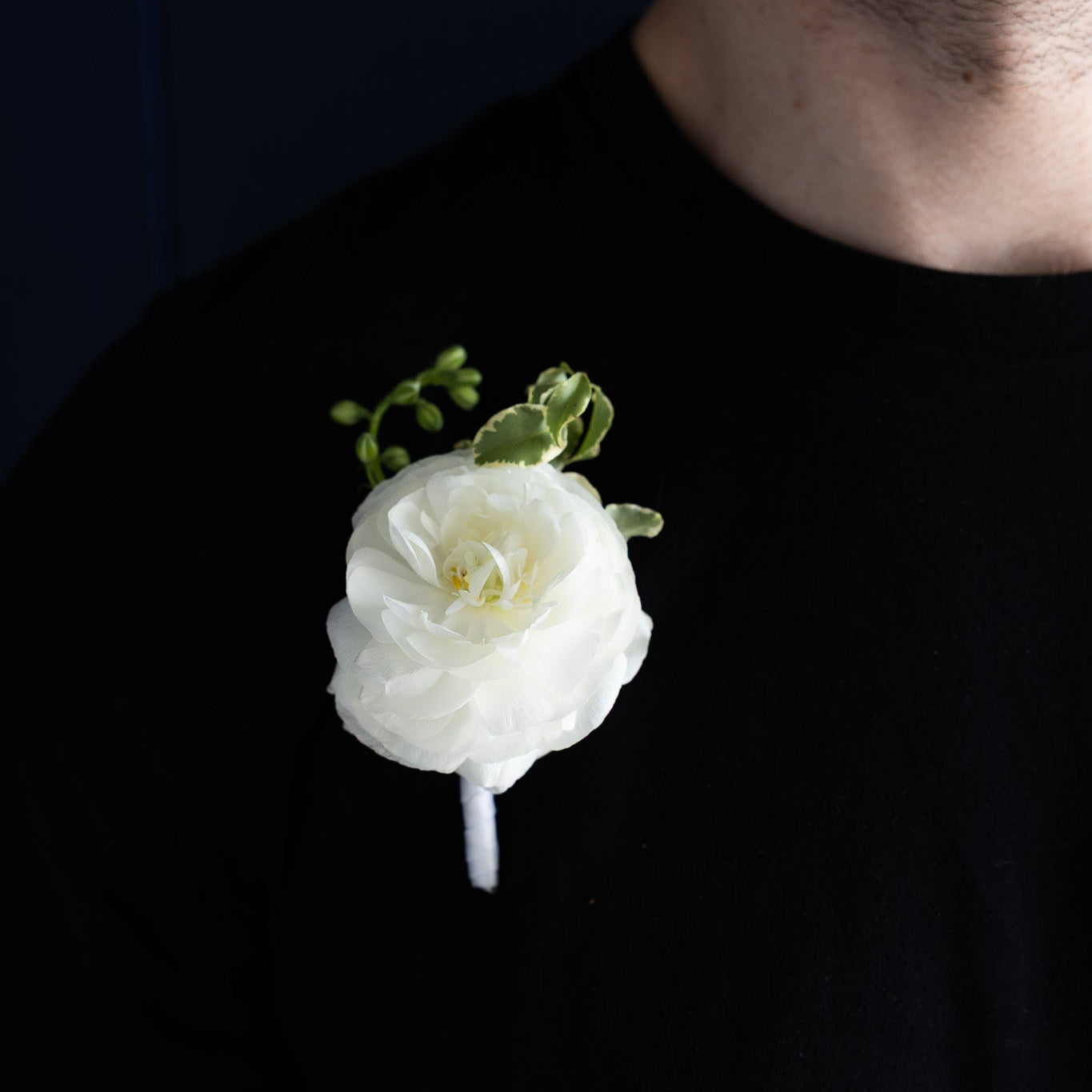 A white ranunculus boutonniere with green leaves pinned to the chest of a man wearing a black t-shirt, set against a dark navy background.