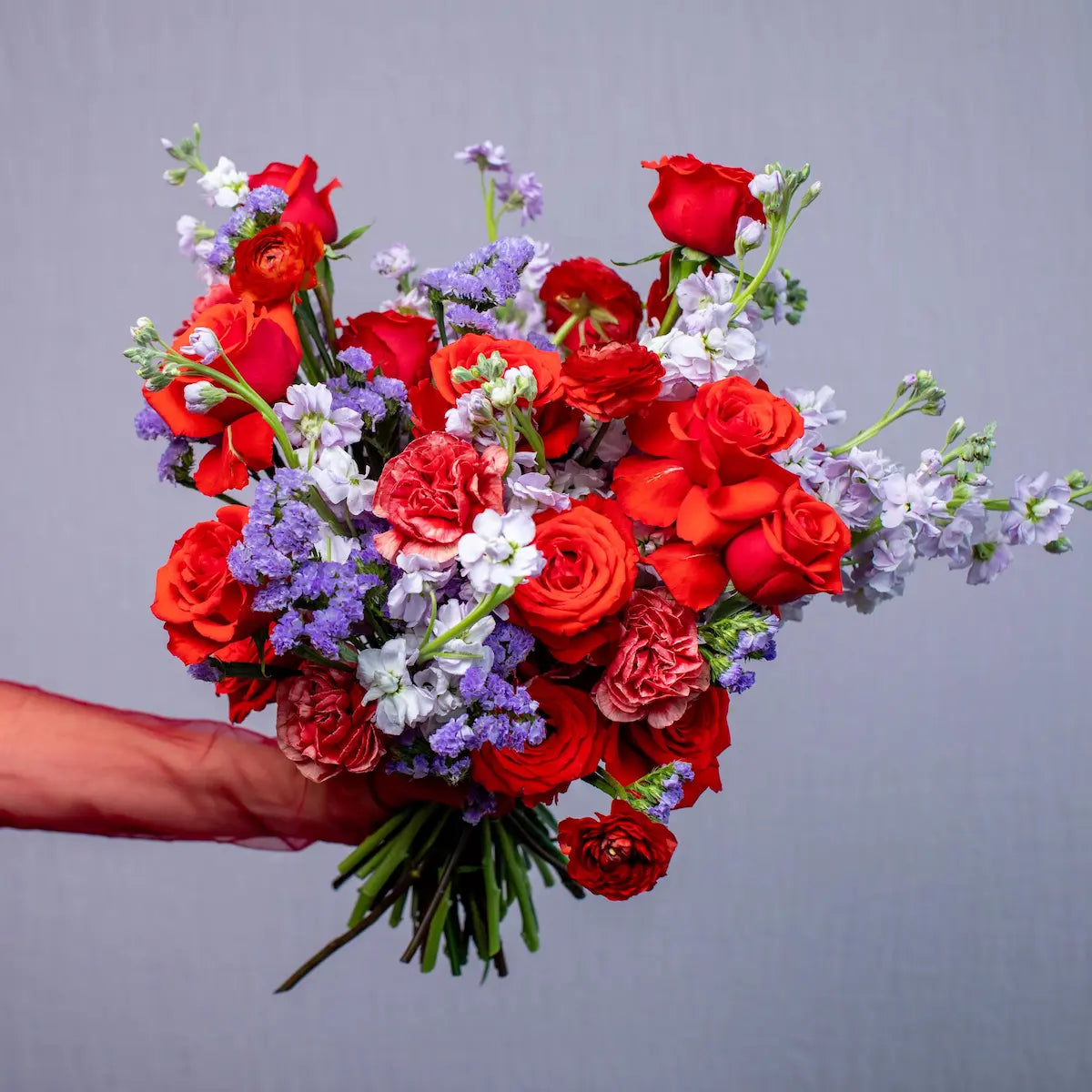 Bouquet of red and white flowers held by a hand against a gray background