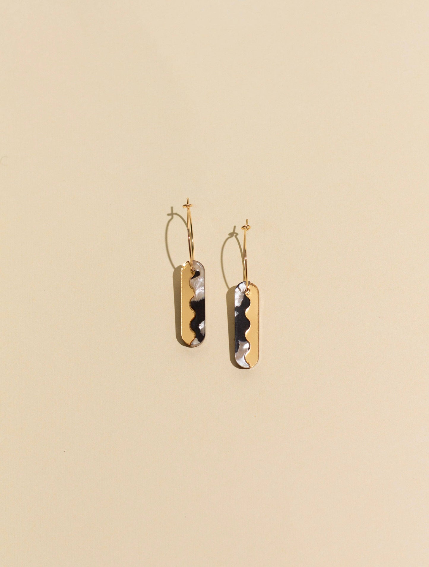 Moon-Seed - Suni Hoops- Black White Gold Fill Dangle Hoop Earrings