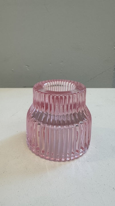 Small Ribbed Glass Taper Candle Holder: Pink