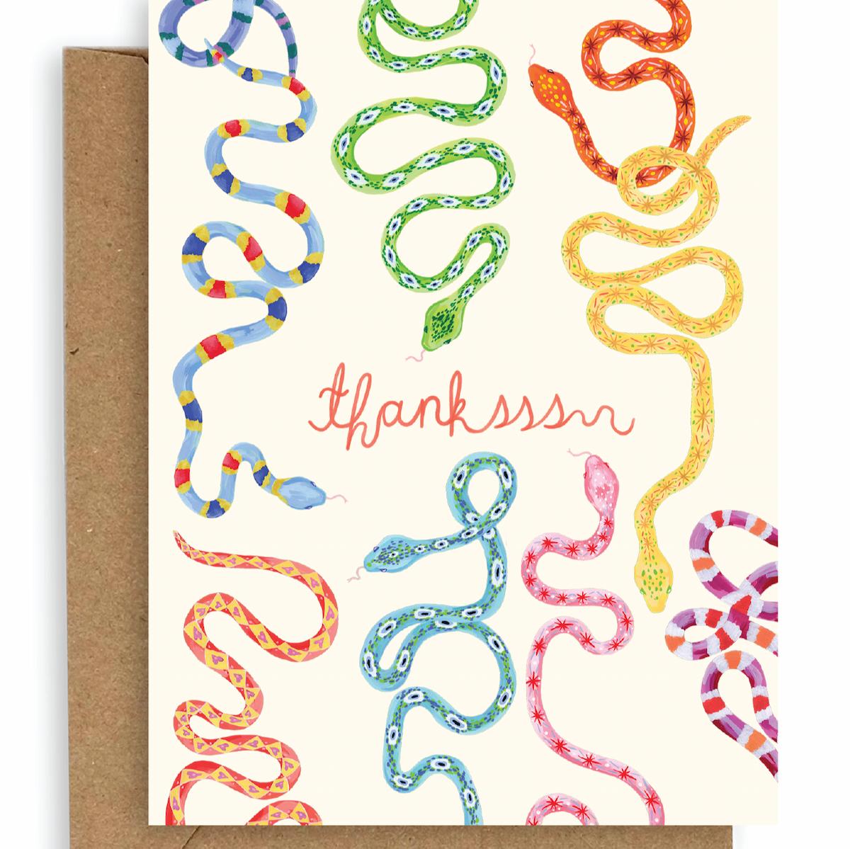 Greeting card with colorful snakes and 'thankssnn' text on a white background