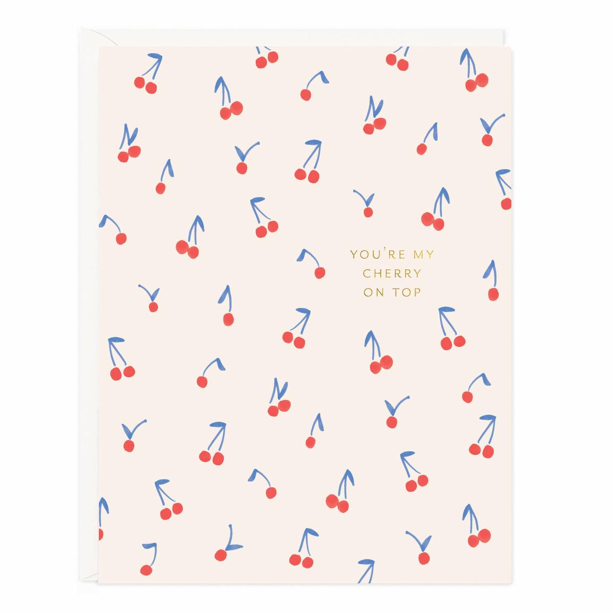 Notebook with cherry pattern and text 'You're my cherry on top' on a white background