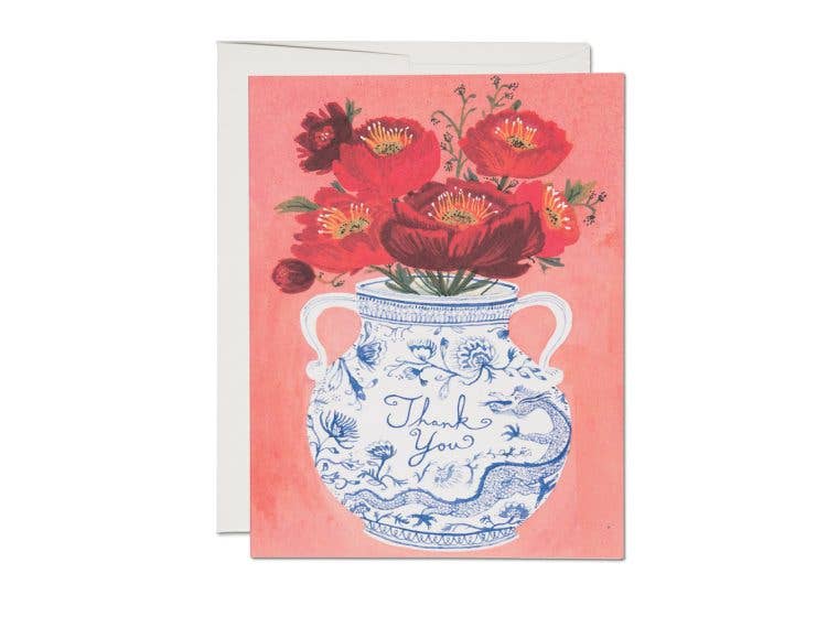 Thank You Red Flowers+ Blue/White Vase Greeting Card