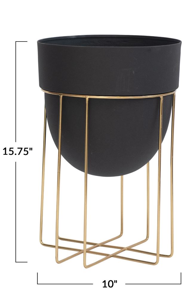 Metal Planter with Gold Stand, Black, 8"